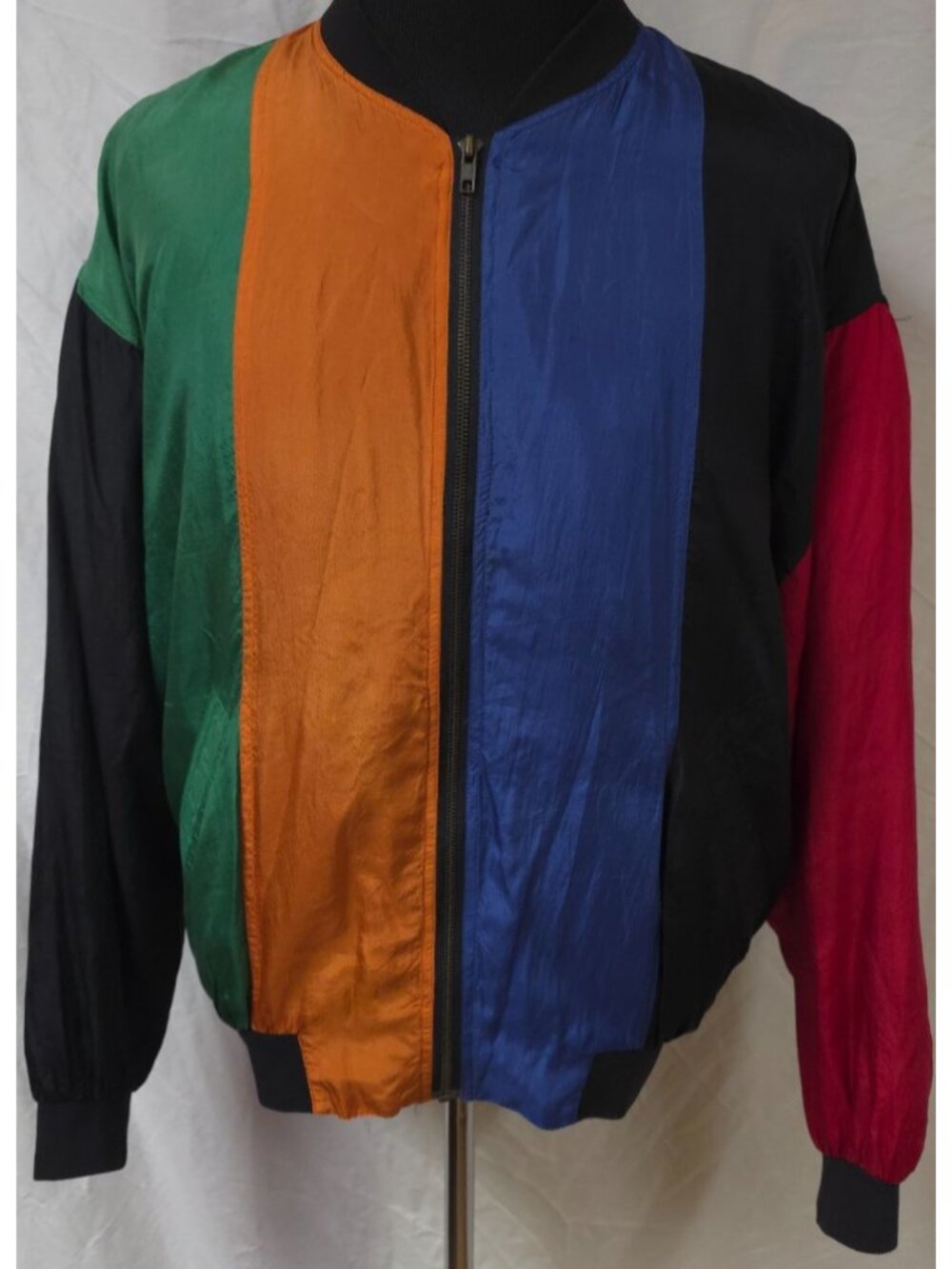 VTG 80s Protest  Womens Medium 100% Silk Colorblock Lined Pockets Bomber Jacket